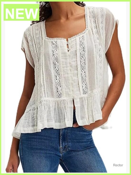 Tops - Flowey Sheer Lace Embroidered Babydoll Button Down Blouse
